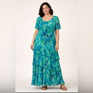Phool XL Full Length Tiered Rayon Maxi Dress Teal Blue Green Floral